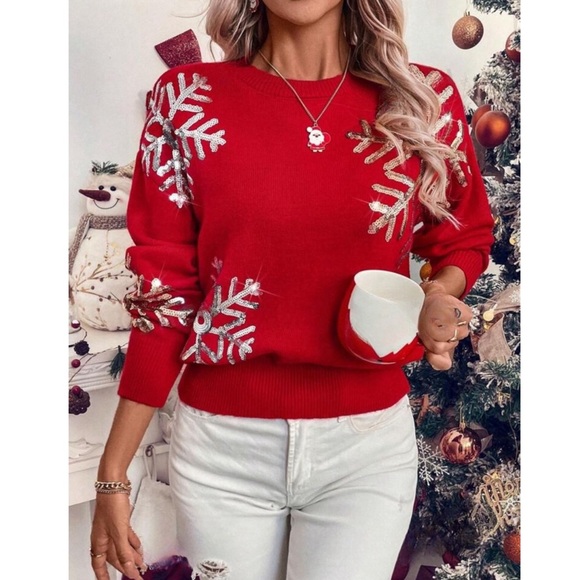 Red Long Sweater Sequin Snowflake Appliqué Round Neck, Knit Pullover - Picture 2 of 8
